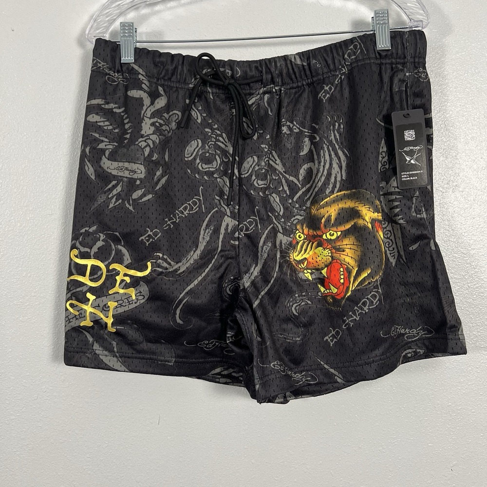 Ed Hardy Graphic Print Mesh Shorts‎ Black Drawstring Lounge Casual